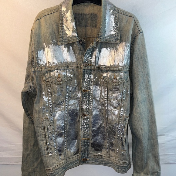 Vintage 'CLOCKHOUSE' Silver Metallic Painted Bleached Wash Denim Jacket M Unisex - Picture 8 of 9